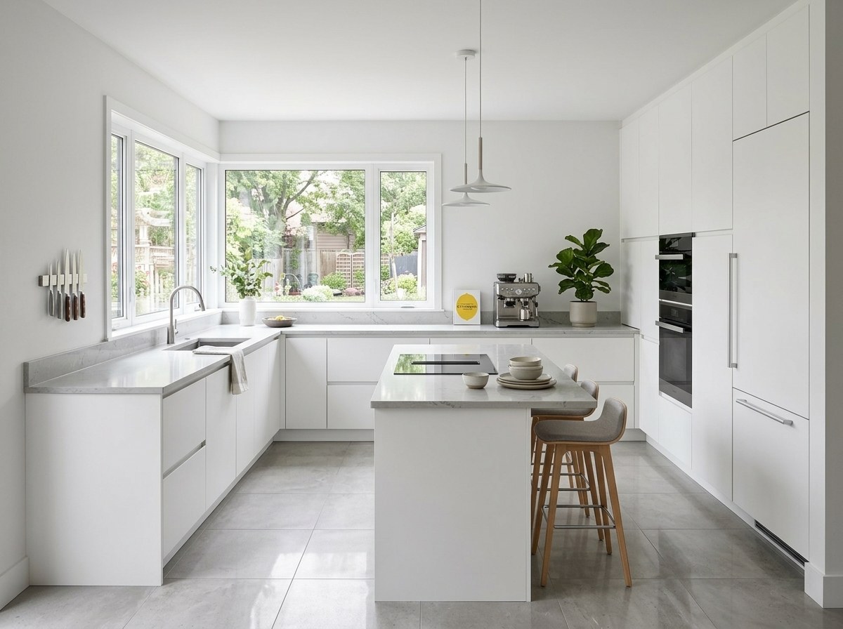Mid-range Bay Area kitchen remodel with white cabinets, an island and quartz countertops