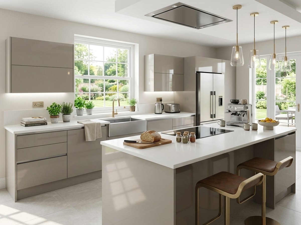 Modern Bay Area kitchen with quartz countertops and handleless grey cabinets