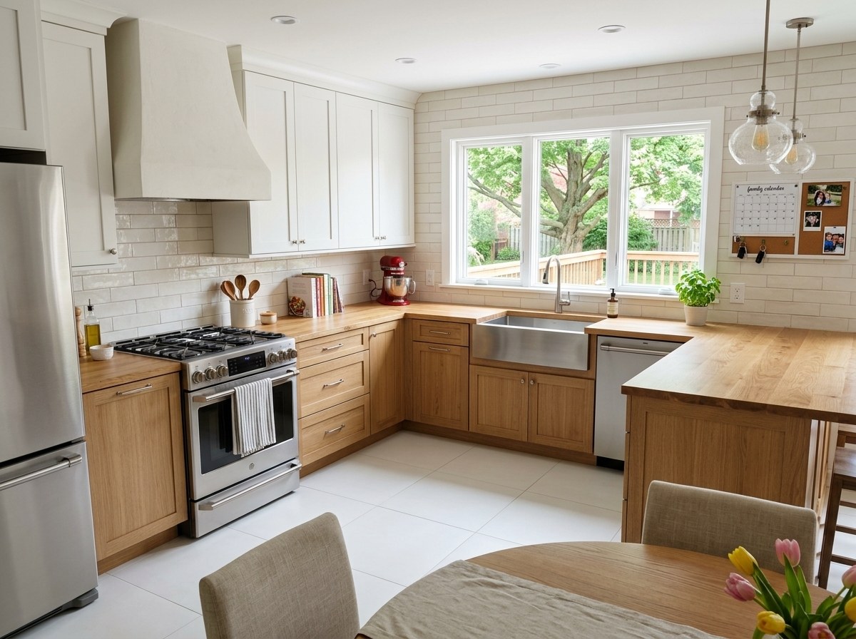 Bay Area kitchen mixing stone countertops with a wood butcher block prep surface